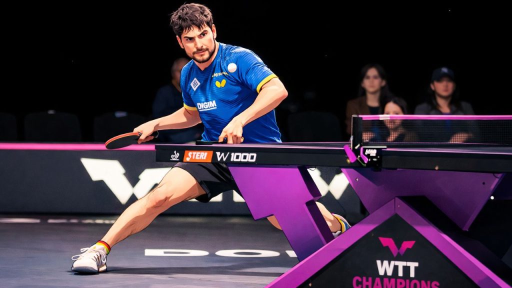 Atleta profissional de tênis de mesa aplicando tática de jogo durante competição internacional